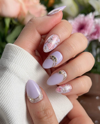 Lavender Rose press-on nails — Dreamy Light Purple, Hand-painted Roses & Metallic Outlines. handmade nail art by Joyee Nails