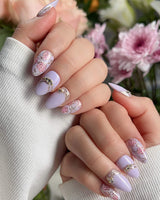 Lavender Rose handmade press-on nails featuring Dreamy Light Purple, Hand-painted Roses & Metallic Outlines.