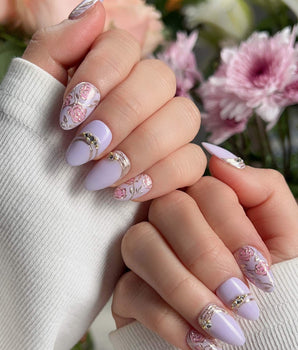 Lavender Rose handmade press-on nails featuring Dreamy Light Purple, Hand-painted Roses & Metallic Outlines.