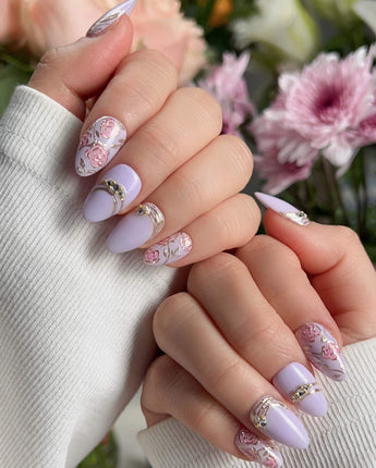 Lavender Rose handmade press-on nails featuring Dreamy Light Purple, Hand-painted Roses & Metallic Outlines.