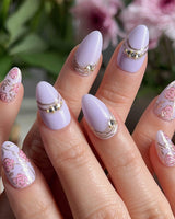 Lavender Rose press-on nails — Dreamy Light Purple, Hand-painted Roses & Metallic Outlines. handmade nail art by Joyee Nails