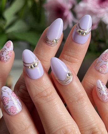 Lavender Rose press-on nails — Dreamy Light Purple, Hand-painted Roses & Metallic Outlines. handmade nail art by Joyee Nails