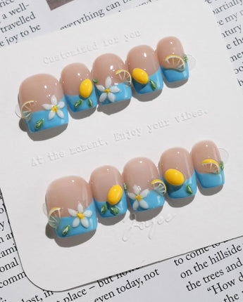 Lemon Grove press-on nails in extra short square shape — Blue French, 3D Lemon & Florals.
