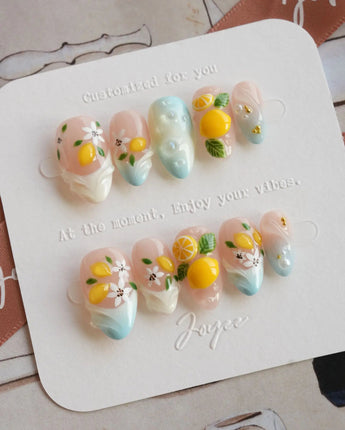 Lemon Shore press-on nails — Nude & Aqua Blue, 3D Lemons & Florals. handmade nail art by Joyee Nails