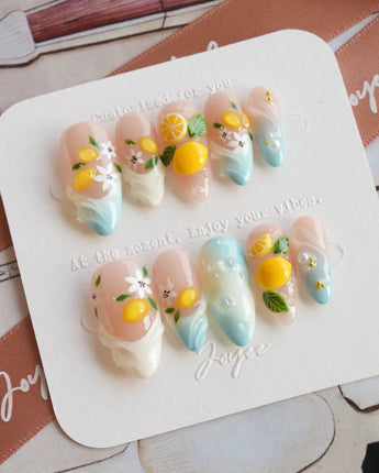 Lemon Shore fresh citrus press-on nail set with 3D lemon blossom details