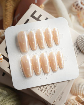 Lemon soda medium coffin press-on nails with retro polka dot nail art