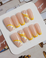 Lemon8❤️ press-on nails in medium coffin shape — lemon french tip 3D citrus nails