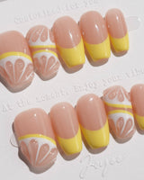 Lemon8❤️ press-on nails in short coffin shape — lemon french tip 3D citrus nails