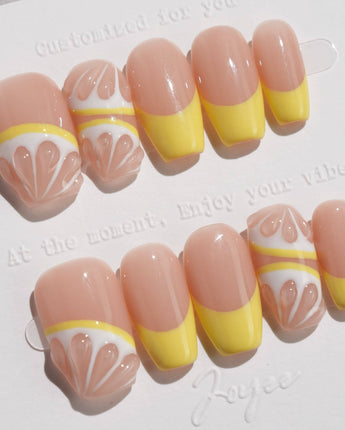 Lemon8❤️ press-on nails in short coffin shape — lemon french tip 3D citrus nails