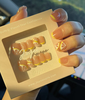 Lemon8❤️ press-on nail set — lemon french tip 3D citrus nails design, hand-painted with real gel polish