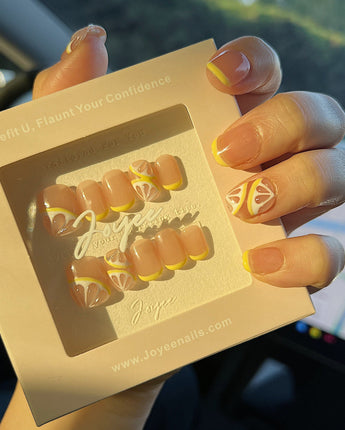 Lemon8❤️ press-on nail set — lemon french tip 3D citrus nails design, hand-painted with real gel polish