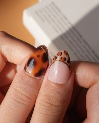 Leopard Boo press on nails with ghosts wearing leopard bows, amber tortoiseshell with gold chrome and leopard print French tips - image 5