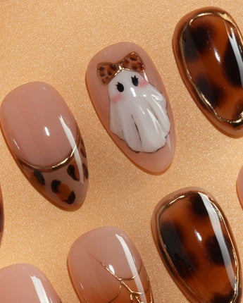 Leopard Boo press on nails with ghosts wearing leopard bows, amber tortoiseshell with gold chrome and leopard print French tips - image 3