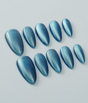 Blue Sky Cat-eye press-on nail set — Peacock Blue cat eye  design, hand-painted with real gel polish