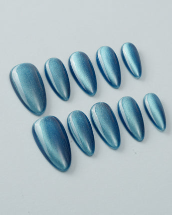 Blue Sky Cat-eye press-on nail set — Peacock Blue cat eye  design, hand-painted with real gel polish