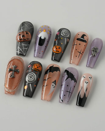 Lights Out press-on nails in long coffin shape — Glitter Halloween, 3D Pumpkin & Cross.