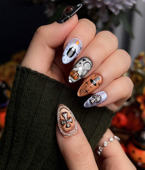 Lights Out press-on nail set — Glitter Halloween, 3D Pumpkin & Cross. design, hand-painted with real gel polish