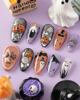 Lights Out handmade press-on nails featuring Glitter Halloween, 3D Pumpkin & Cross.