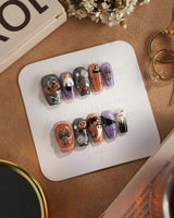 Lights Out press-on nails in short coffin shape — Glitter Halloween, 3D Pumpkin & Cross.