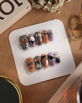 Lights Out press-on nails in short coffin shape — Glitter Halloween, 3D Pumpkin & Cross.