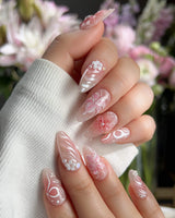 Lily-Nocturne handmade press-on nails featuring Soft Peach Pink, 3D Lilies & Shell Textures.