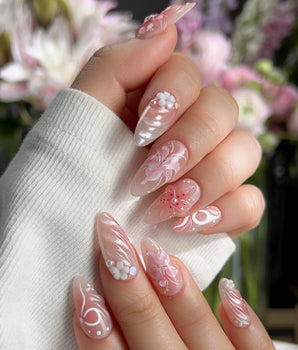Lily-Nocturne handmade press-on nails featuring Soft Peach Pink, 3D Lilies & Shell Textures.