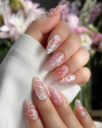Lily-Nocturne handmade press-on nails featuring Soft Peach Pink, 3D Lilies & Shell Textures.
