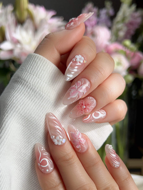 Lily-Nocturne handmade press-on nails featuring Soft Peach Pink, 3D Lilies & Shell Textures.
