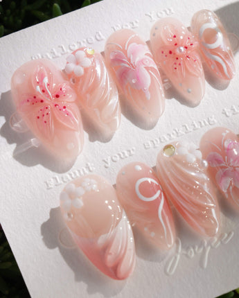 Lily-Nocturne nail art close-up showing Soft Peach Pink, 3D Lilies & Shell Textures. details