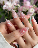 Lily-Nocturne press-on nails — Soft Peach Pink, 3D Lilies & Shell Textures. handmade nail art by Joyee Nails