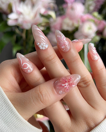 Lily-Nocturne press-on nails — Soft Peach Pink, 3D Lilies & Shell Textures. handmade nail art by Joyee Nails