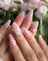 Lily-Nocturne press-on nail set — Soft Peach Pink, 3D Lilies & Shell Textures. design, hand-painted with real gel polish