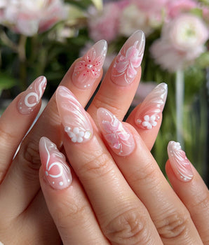 Lily-Nocturne press-on nail set — Soft Peach Pink, 3D Lilies & Shell Textures. design, hand-painted with real gel polish