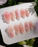 Lily-Nocturne press-on nails — Soft Peach Pink, 3D Lilies & Shell Textures. handmade nail art by Joyee Nails