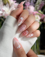 Lily-Nocturne press-on nails — Soft Peach Pink, 3D Lilies & Shell Textures. handmade nail art by Joyee Nails