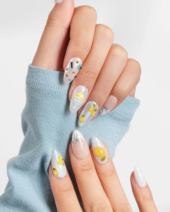 Limoncello coastal terrace nail set with lemon yellow and ice blue color palette
