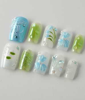 Lotus Breeze press-on nails in short square shape — Pearly and 3D Sculpted Florals