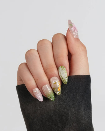 Lotus Koi press-on nails in short almond shape — Hand-painted Koi & Lotus with 3D Ripples