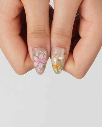 Lotus Koi press-on nails in short almond shape — Hand-painted Koi & Lotus with 3D Ripples