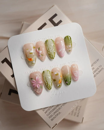 Lotus Koi nail art close-up showing Hand-painted Koi & Lotus with 3D Ripples details
