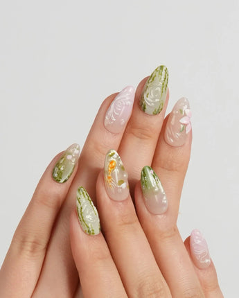 Lotus Koi press-on nail set — Hand-painted Koi & Lotus with 3D Ripples design, hand-painted with real gel polish