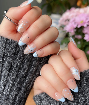 Love Gift - Blue press-on nail set — Fresh Sky Blue, Bows & Polka Dots. design, hand-painted with real gel polish