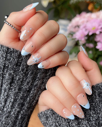 Love Gift - Blue press-on nail set — Fresh Sky Blue, Bows & Polka Dots. design, hand-painted with real gel polish