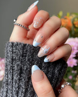 Love Gift - Blue nail art close-up showing Fresh Sky Blue, Bows & Polka Dots. details