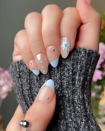 Love Gift - Blue press-on nails — Fresh Sky Blue, Bows & Polka Dots. handmade nail art by Joyee Nails