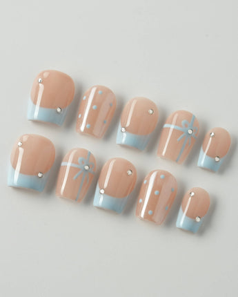 Love Gift - Blue press-on nails in extra short coffin shape — Fresh Sky Blue, Bows & Polka Dots.