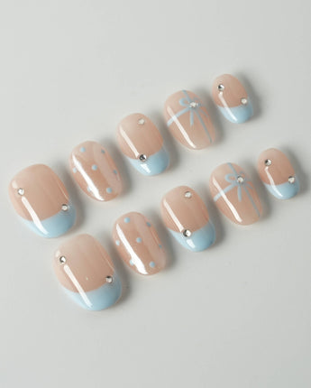 Love Gift - Blue press-on nails in extra short oval shape — Fresh Sky Blue, Bows & Polka Dots.