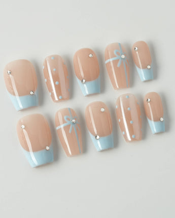 Love Gift - Blue press-on nails in short coffin shape — Fresh Sky Blue, Bows & Polka Dots.
