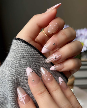 Love Gift press-on nails — Soft Pink French, Bows & Polka Dots. handmade nail art by Joyee Nails
