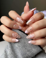 Love Gift press-on nail set — Soft Pink French, Bows & Polka Dots. design, hand-painted with real gel polish